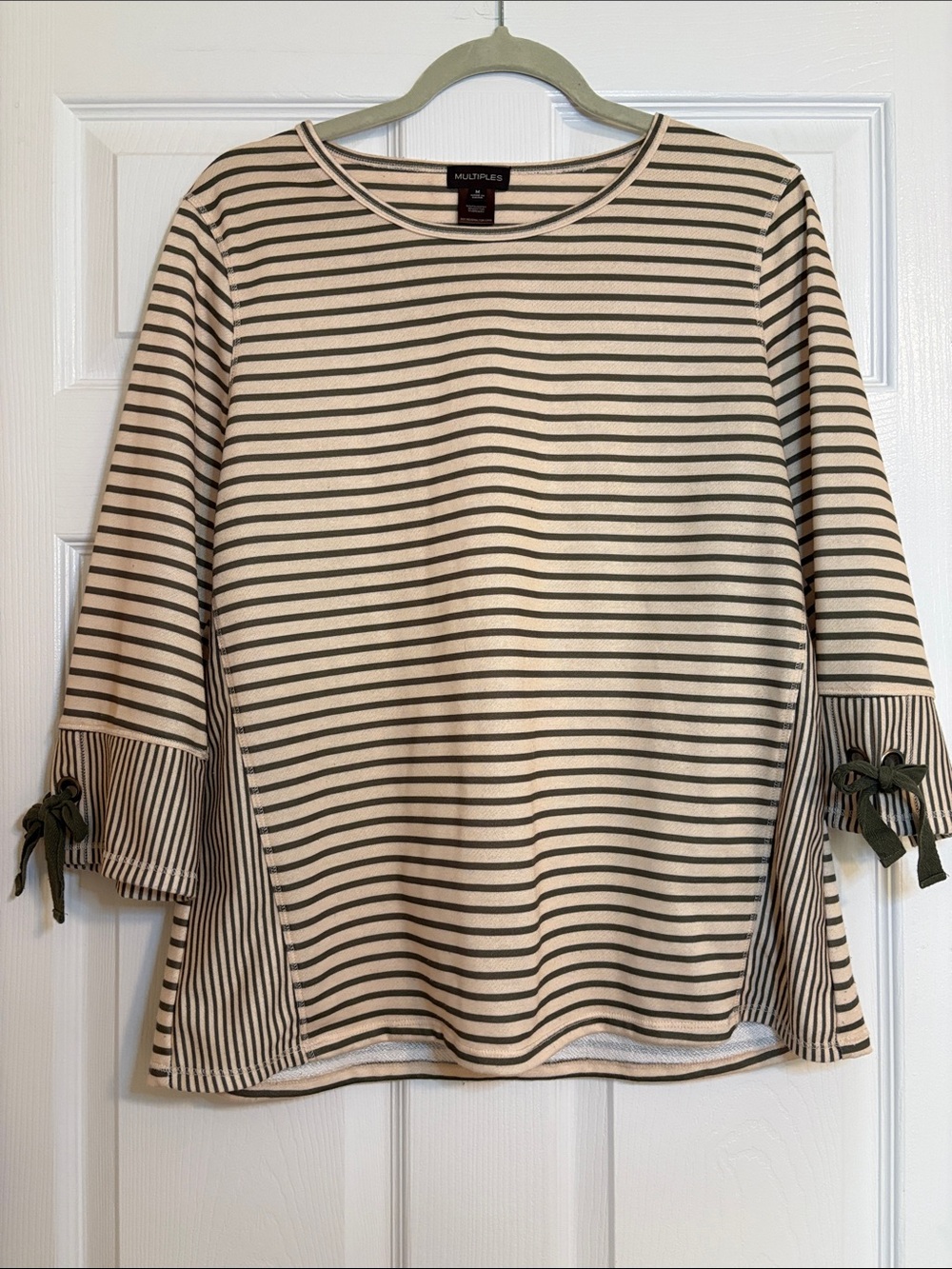 Multiples Beige and Olive Striped Crewneck Top